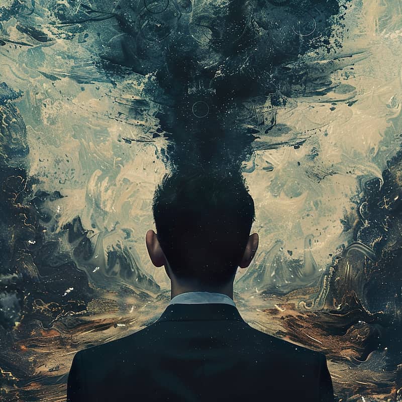 Man rear view with dark smoke combusting out of his head