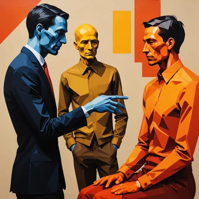 MnOfViSytI7vfOurP9nK--0--y3ric Man correcting another man who is sitting on a stool and appears unimpressed