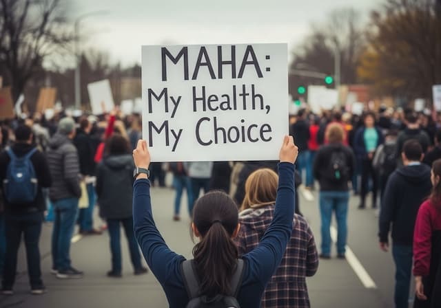 protest-health-autonomy-with-sign-reading-maha-my-health-my-choice-demonstration -Opt Rear view of young woman holding up sign above her head saying MAHA: My Body My Choice